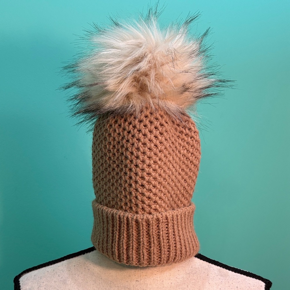 Cozy Tan Knit Beanie with Faux Fur Pom